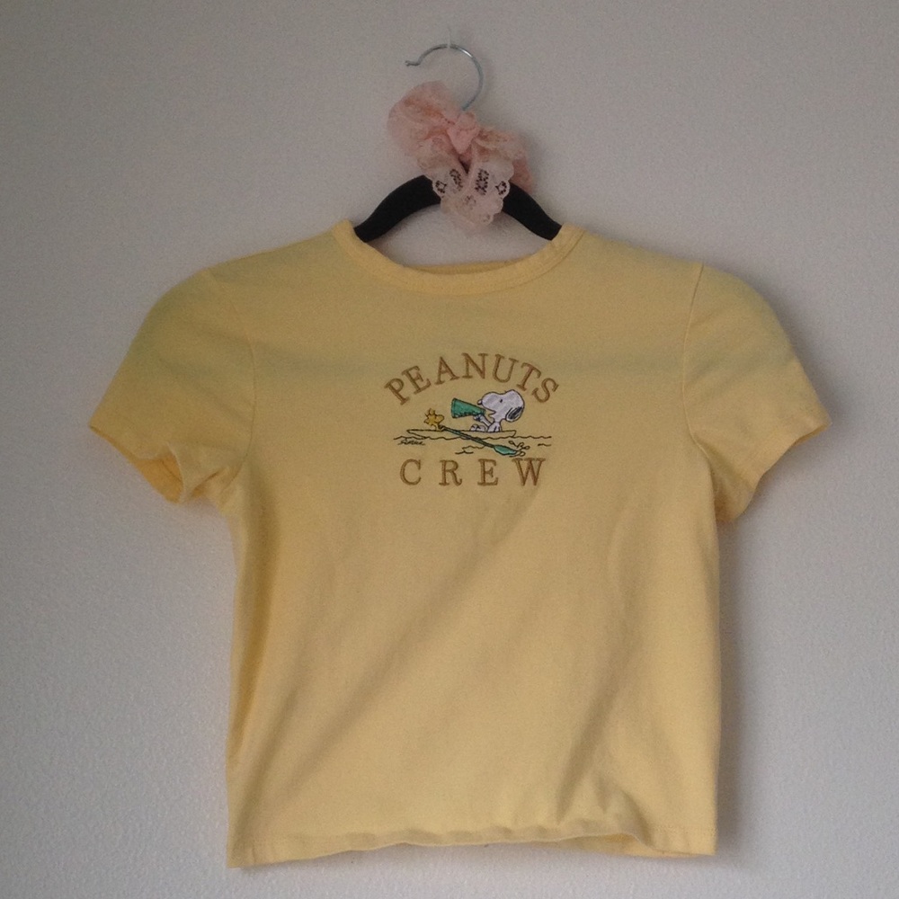 Peanuts Light Butter Yellow Embroidered Design Cropped Baby T-shirt Top